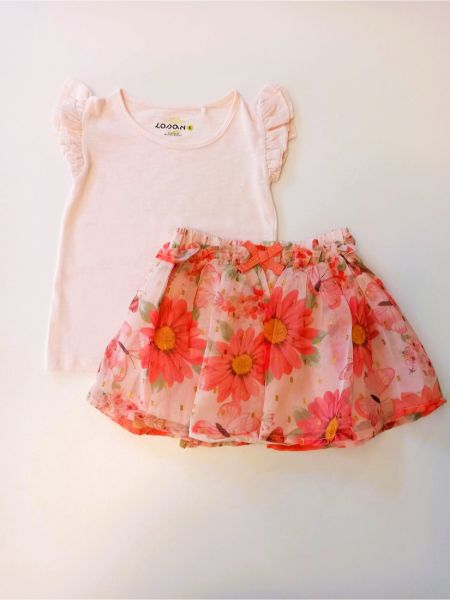Σετ μπλούζα με βολάν και φούστα tutu με floral print και glitter κοραλί