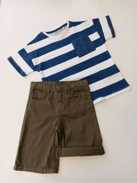 Σετ μπλούζα μαρινιέρα και βερμούδα τύπου τζιν μονόχρωμη λεπτή μπλε