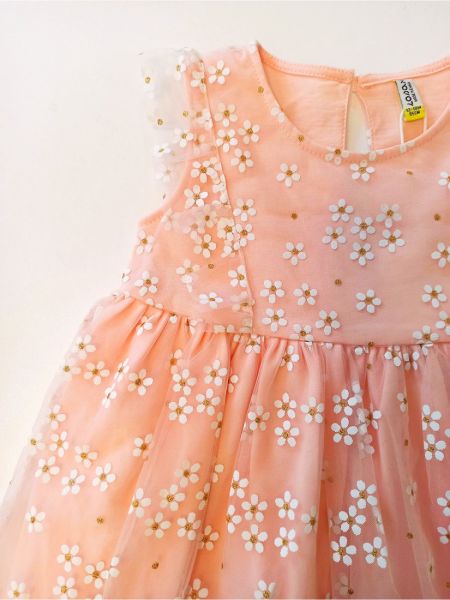 Βρεφικό πριγκιπικό φόρεμα με τούλι με glitter, βαμβακερή φόδρα και βρακάκι φιγούρας ροζ