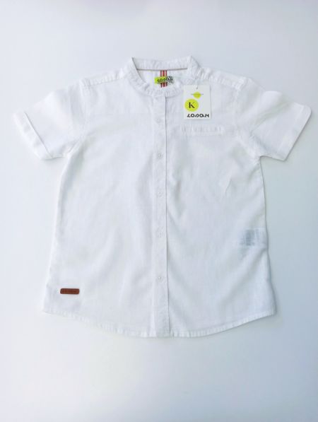 Πουκάμισο κοντομάνικο με μάο γιακά και δερμάτινή λεπτομέρεια λευκό