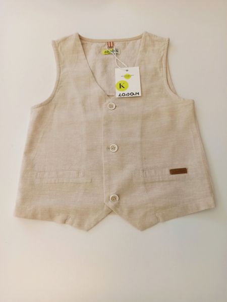 Γιλέκο λινό μονόχρωμο με κουμπιά και δερμάτινη λεπτομέρεια μπεζ