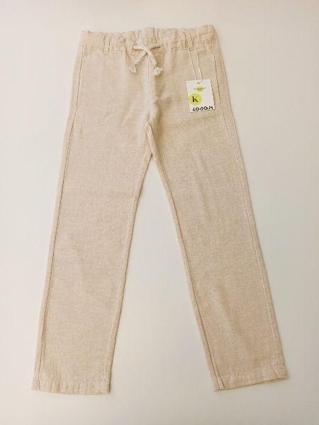 Παντελόνι λινό μονόχρωμο με ζώνη και δερμάτινη λεπτομέρεια μπεζ