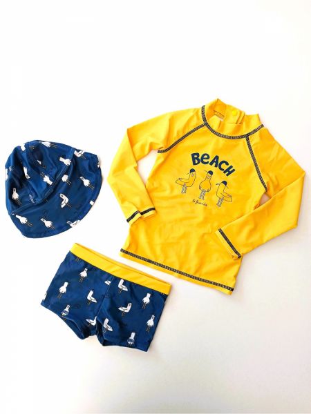 Βρεφικό σετ μπλούζα μαγιώ και σορτς SPF 40+ με print γλάροι κίτρινο