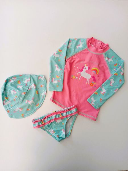 Βρεφικό σετ μπλούζα μαγιώ και βρακάκι SPF 40+ με print μονόκεροι ροζ