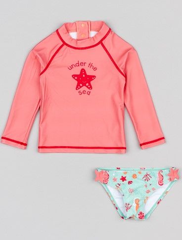 Βρεφικό σετ μπλούζα μαγιώ και βρακάκι με print αστερίας κοραλί
