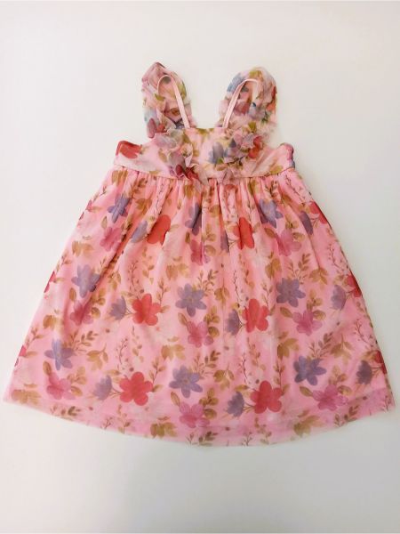 Φόρεμα boho με φλοράλ τούλι και βολάν στις τιράντες σάπιο μήλο