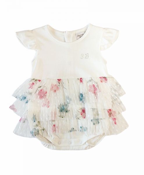 Βρεφικό φορμάκι με τούλινο φλοράλ βολάν ελληνικής ραφής λευκό