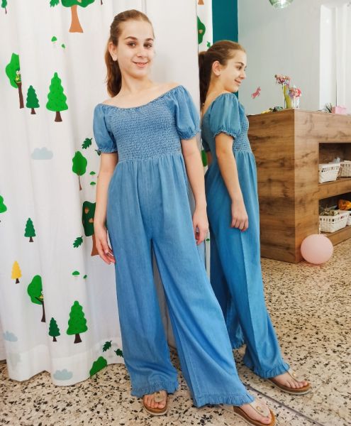 Ολόσωμη φόρμα τζιν παντελόνα με βολάν μπλε