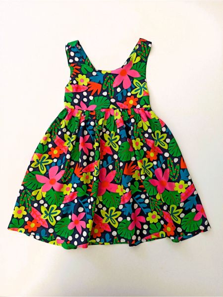 Φόρεμα φλοράλ με fluo tropical print και πλάτη χιαστή κοραλί