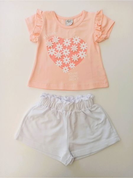 Σετ μπλούζα με βολάν και print 3D μαργαρίτες και σορτς με λάστιχο ελληνικής ραφής ροζ