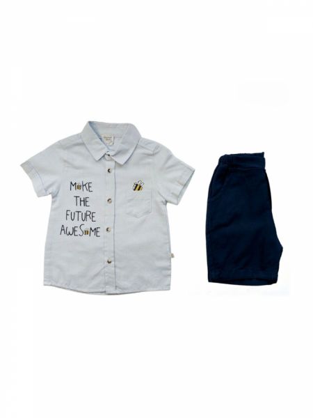 Σετ βρεφικό πουκάμισο με print μελισσούλες και βερμούδα ελληνικής ραφής γαλάζιο