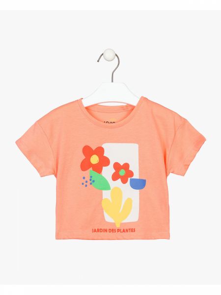 Μπλούζα κοντομάνικη κροπ με print λουλούδια κοραλί