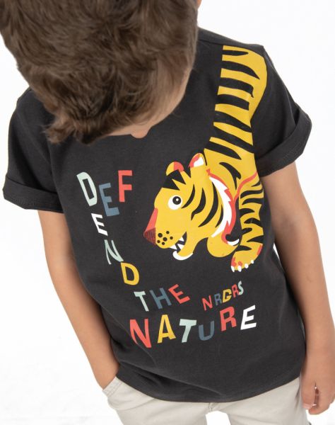 Μπλούζα βαμβακερή με print τίγρης defend the nature ανθρακί