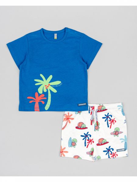 Σετ βαμβακερό μπλούζα και βερμούδα με print tropical turtles μπλε ρουά
