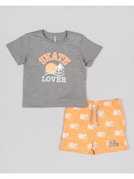 Σετ βαμβακερό μπλούζα και βερμούδα με τσέπες και print skate lover κοραλί