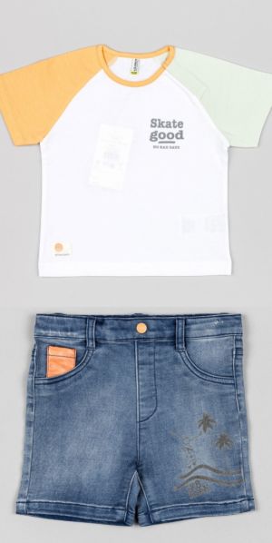 Σετ βαμβακερό μπλούζα και βερμούδα τζιν με print skate good  λευκό