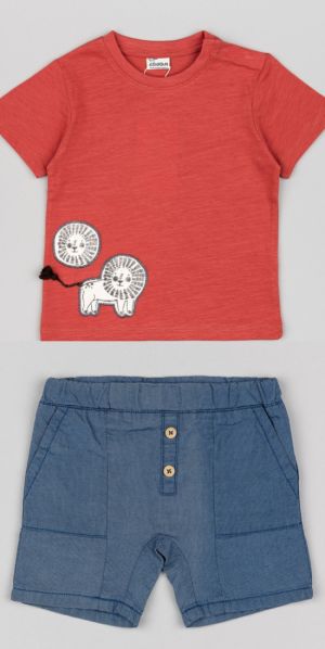 Σετ βαμβακερό με μπλούζα και τζιν βερμούδα με τσέπες και 3D print lion εκάι