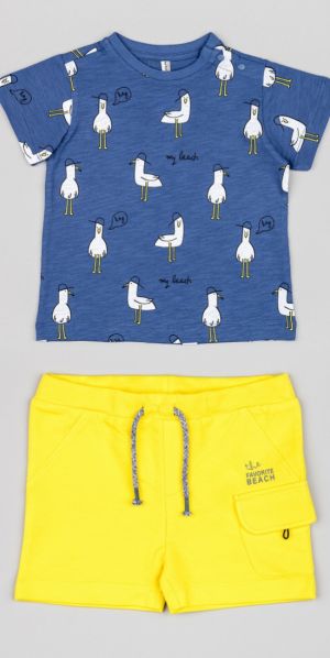 Σετ βαμβακερό μπλούζα και βερμούδα με τσέπες και print the favorite beach κίτρινο