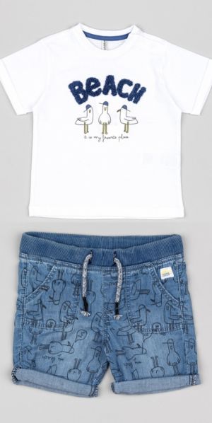 Σετ βαμβακερό μπλούζα και βερμούδα τζιν με τσέπες και print beach animals μπλε