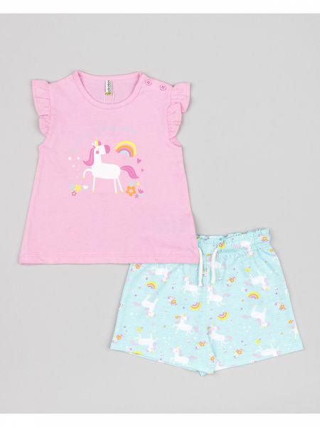 Σετ βαμβακερό μπλούζα και σορτς με print unicorn ροζ