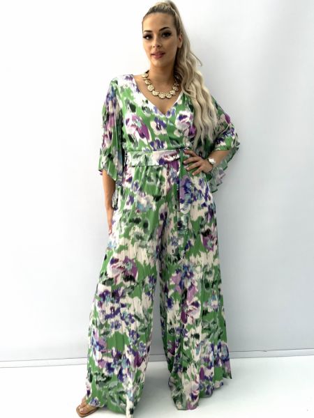 Ολόσωμη φόρμα πλισέ στο κάτω μέρος και πλισέ μανίκια κρουαζέ με ζώνη Ελληνικής ραφής μωβ