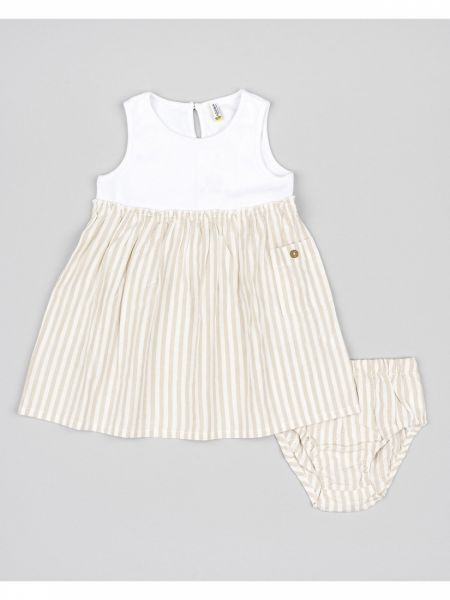 Φόρεμα βαμβακερό με ριγέ φούστα, τσέπες και βρακάκι φιγούρας  μπεζ