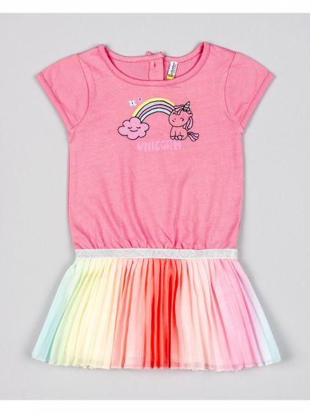 Φόρεμα βαμβακερό με πολύχρωμη φούστα με πιέτες και print unicorn ροζ