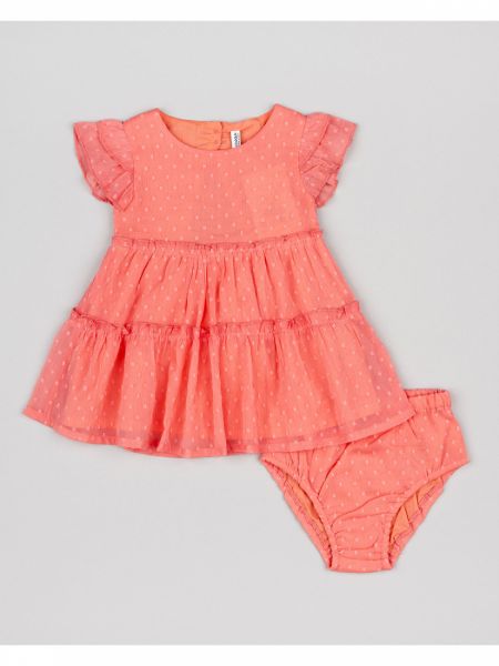 Φόρεμα ζορζέτα με βολάν, ανάγλυφα σχέδια και βρακάκι φιγούρας κοραλί