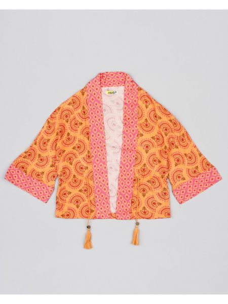 Κιμονό εμπριμέ φλάμα με ζώνη και print γεωμετρικά σχέδια κοραλί