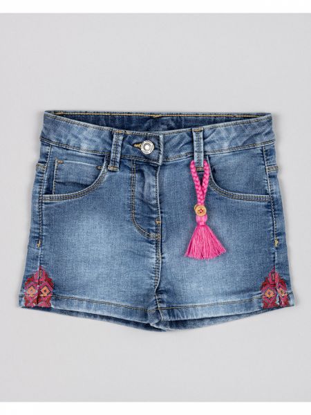 Σορτς τζιν βαμβακερό με ethnic print  και πλεκτή ροζ φούντα μπλε