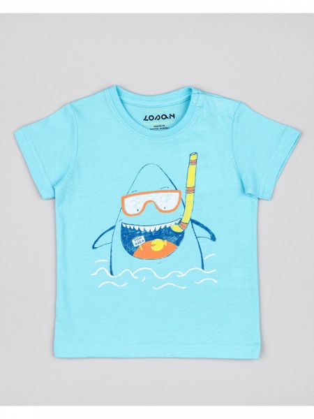 Μπλούζα βαμβακερή κοντομάνικη με print shark τυρκουάζ