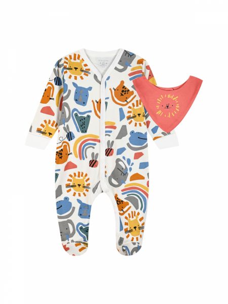 Σετ βρεφικό με ολόσωμο φορμάκι  print ζωάκια και σαλιάρα μπεζ