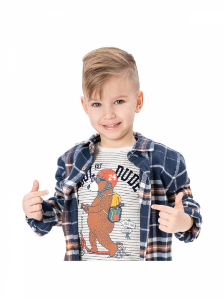 Μπλούζα μακρυμάνικη ριγέ με print αρκούδα με 3D σακίδιο εκρού