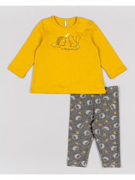 Σετ βρεφικό μπλούζα και κολάν με print ζωάκια του δάσους μουσταρδί