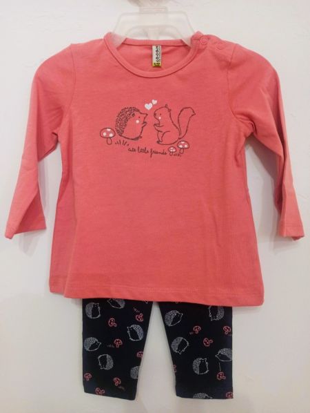 Σετ βρεφικό μπλούζα και κολάν με print ζωάκια του δάσους ροζ
