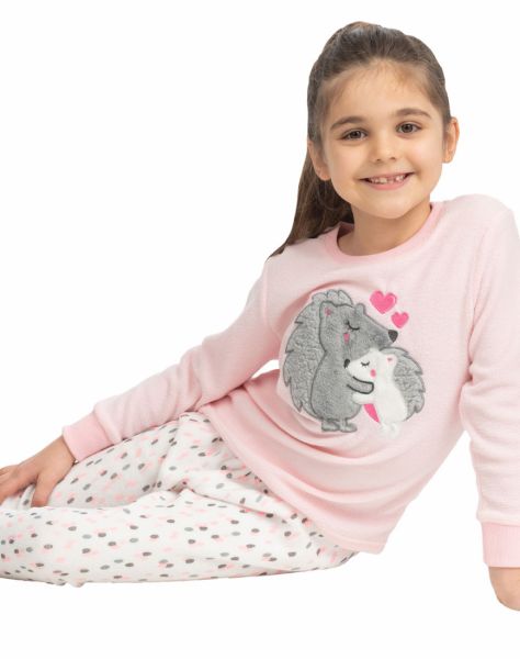 Σετ πυτζάμα fleece με print ζωάκια του δάσους και πουά παντελόνι ροζ