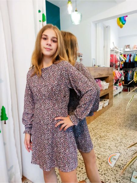 Φόρεμα φλοράλ μεσάτο με λάστιχο στο μανίκι λιλά