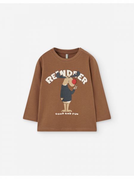 Μπλούζα βαμβακερή με print Rudolph ' Reindeer good and fun' καφέ
