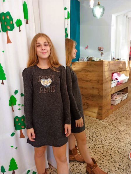 Φόρεμα μάλλινο με καρδιά πούλιες και πιέτες στον ώμο ανθρακί