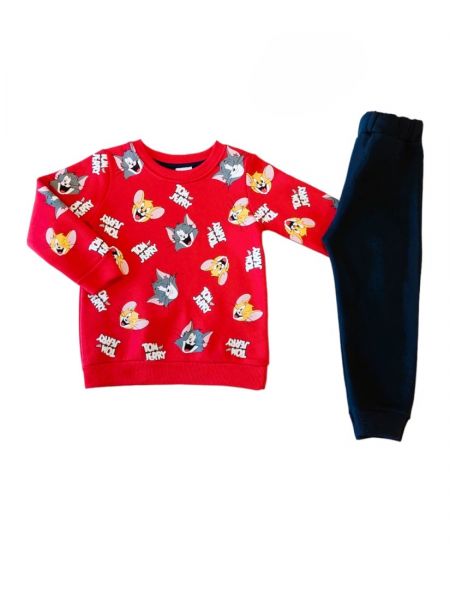 Σετ φόρμα φούτερ με επένδυση με print Tom & Jerry ελληνικής ραφής κόκκινο
