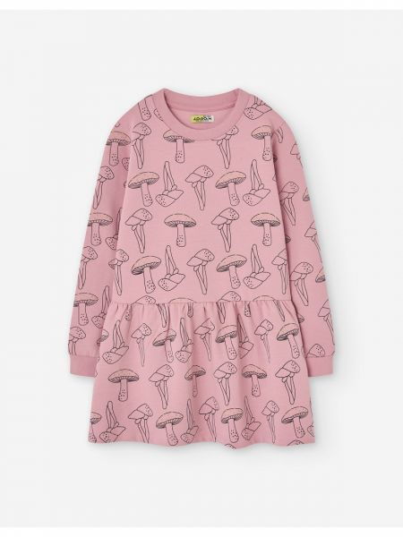 Φόρεμα μονόχρωμο με βολάν και print mushrooms ροζ