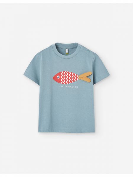 Mπλούζα κοντομάνικη με print 'wild river and fish' με 3D ουρά πετρόλ