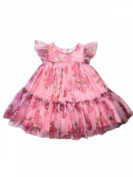 Φόρεμα τούλινο με βολάν και print τριαντάφυλλα ροζ