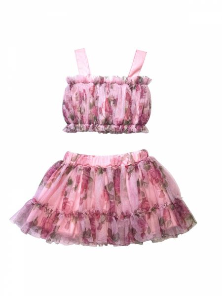 Σετ τούλινο με βολάν και print τριαντάφυλλα ροζ