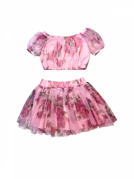 Σετ τούλινο βρεφικό με βολάν και print τριαντάφυλλα  ροζ