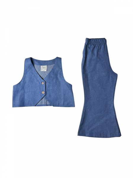 Σετ τζιν γιλέκο και παντελόνι καμπάνα με λάστιχο ελληνικής ραφής κορίτσι μεγάλο μπλε