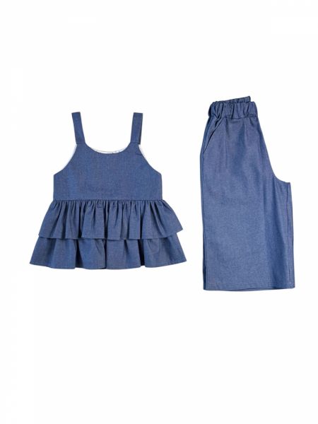 Σετ τζιν τοπ με βολάν και παντελόνα με λάστιχο ελληνικής ραφής κορίτσι μεγάλο μπλε