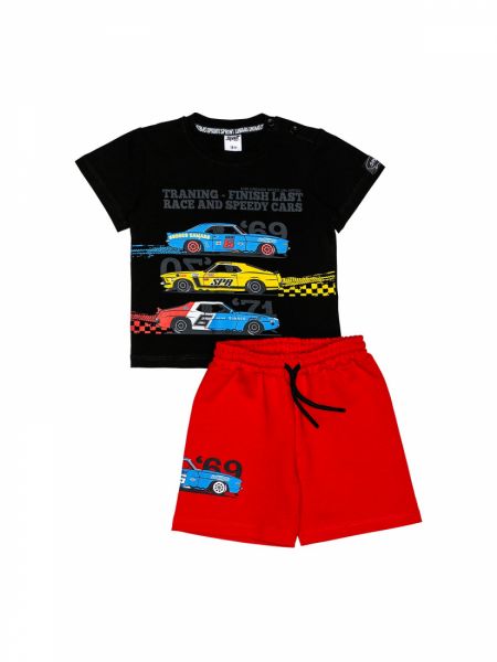Σετ κοντομάνικη μπλούζα και βερμούδα με print αγωνιστικά αυτοκίνητα κόκκινο