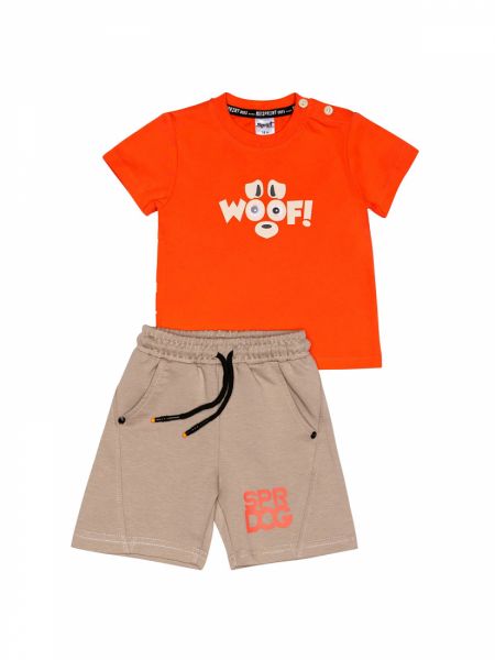 Σετ μπλούζα με print σκυλάκι σούπερ ήρωας και βερμούδα πορτοκαλί