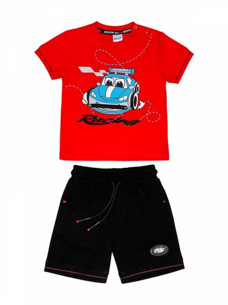 Σετ μπλούζα με print αμαξάκι και τσέπη και βερμούδα με ανάγλυφο τύπωμα κόκκινο
